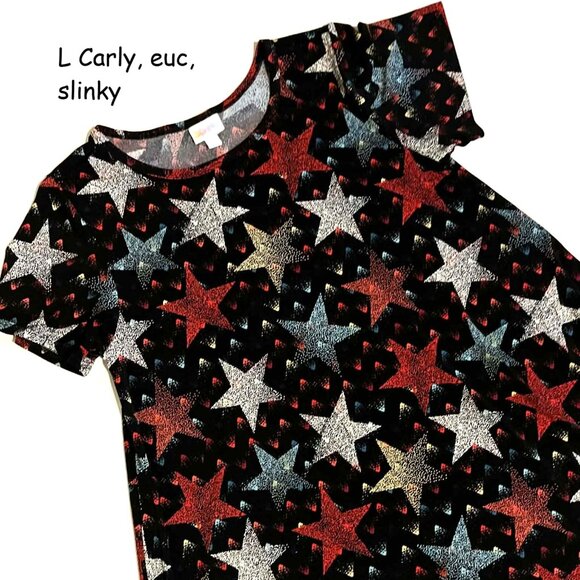 Large Lularoe Carly a-line hi low dress, black with red white blue stars, slinky - Picture 1 of 2